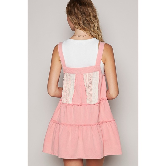 Pink Denim & Crochet Patch Tiered Skirtall Mini Dress - Picture 6 of 8